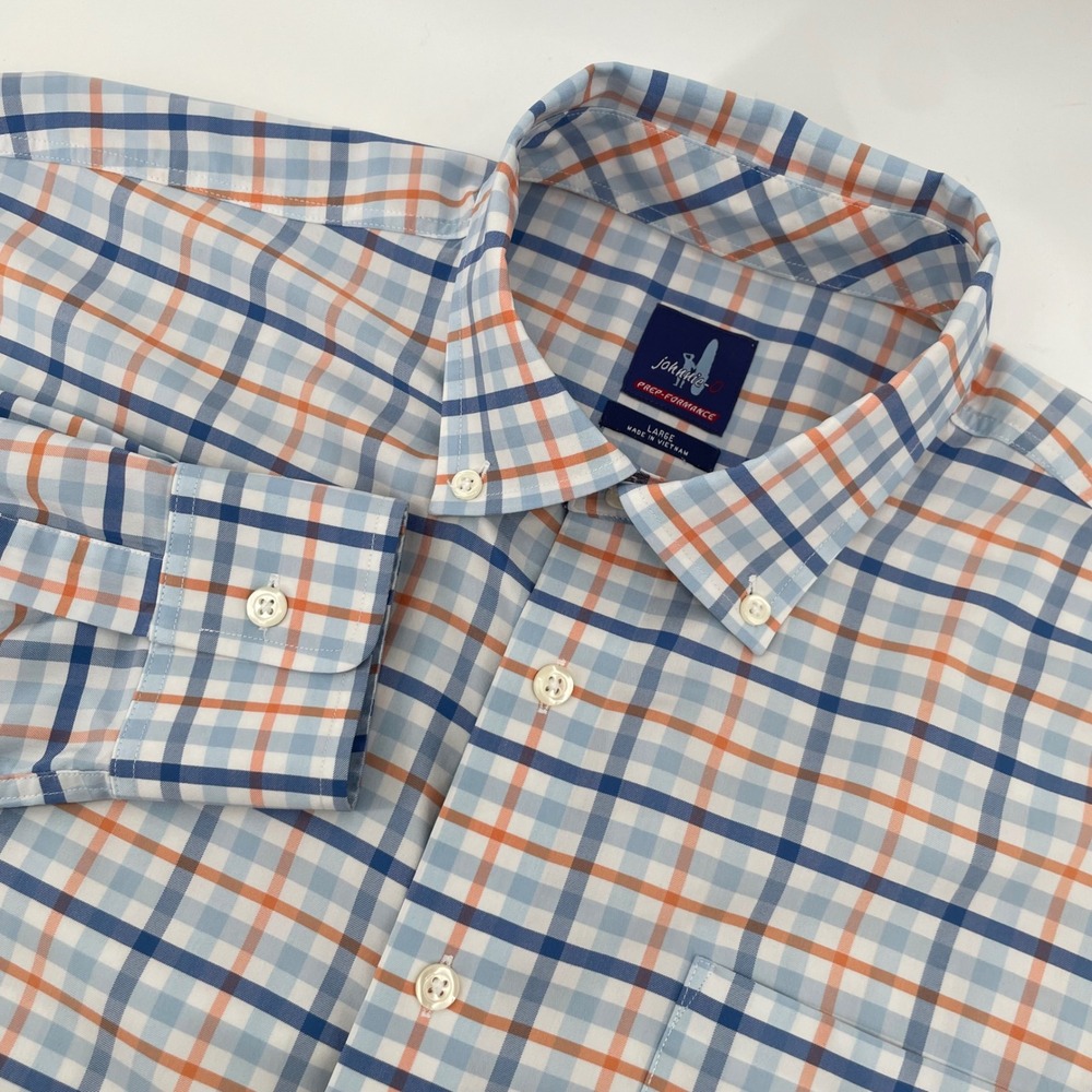 Johnnie-O Button Down Mens Large Blue Orange Plaid Prep-Performance Long Sleeve